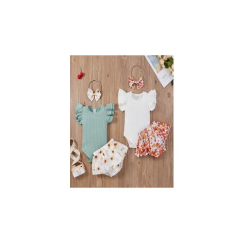 Newborn Three Piece Baby Girl’s Clothes Summer Solid Color Fly Sleeve Romper and Flower Shorts with Headband Outfits
