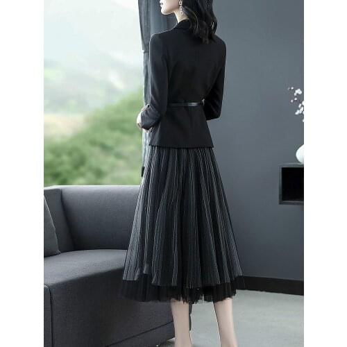 Formal 2020 Spring Elegant Office Dress Lady Style Suit Jacket Tops + Mesh Skirt Casual Two Piece Set Women Clothes ZT1290