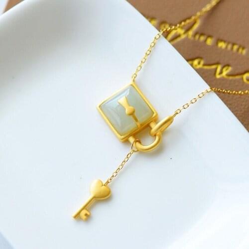 Original S925 Silver Natural Hetian Jade Lock Love Clavicle Necklace Love Key Golden Lady Mothers Day Gift