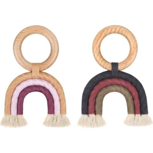 Rainbow Teething Toys Safe Organic Wooden Ring Baby Wood Teether Nursing Toys