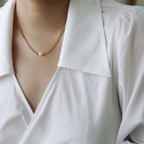 Titanium With 18K Gold Real Natural Pearl Necklace Wowen Stainess Steel Jewelry Party Designer T Show Runway Gown Japan Korean