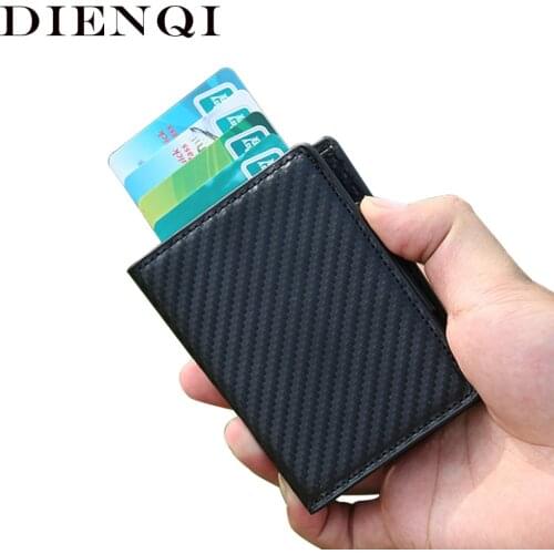DIENQI Slim Bifold Wallet Walet Men Purse for Cards Business Carbon Fiber Leather Money Bag Male Coin Pocket Metal Magic Wallet
