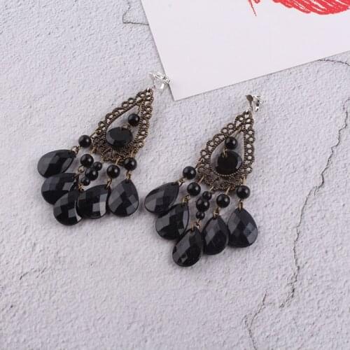 JIOFREE Vintage black Long Tassel Statement Charm Clip On Earrings Without Piercing For Women girl Cute Ear Clip Jewelry