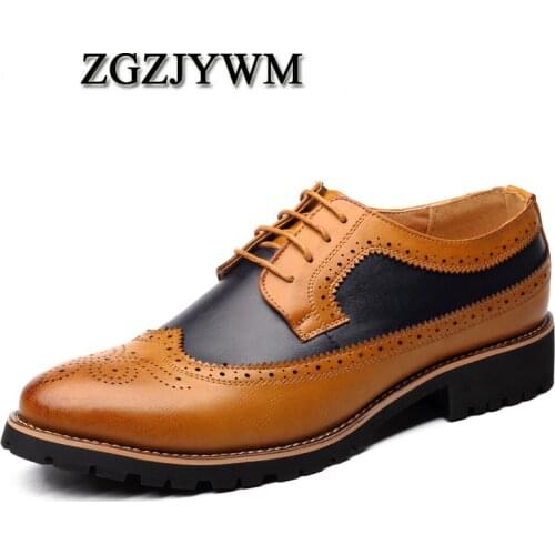 ZGZJYWM High Quality Fashion Spring/Autumn PU Leather Flat Patchwork Oxford Lace-Up Dress Wedding Shoes For Men 38-44