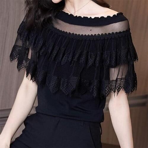 Womens Spring Summer Style Chiffon Blouses Shirts Womens Slash neck Short Sleeve Ruffles Solid Color Korean Tops SP562