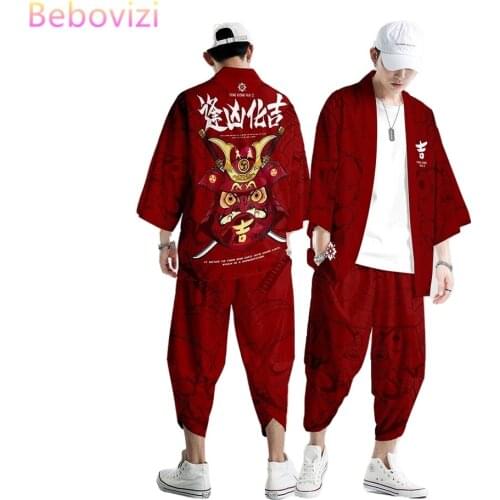 Plus Size XS-6XL Red Lucky Cow Print Japanese Style Fashion Kimono and Pant Set Men Women Cardigan Haori Obi Asian Clothes