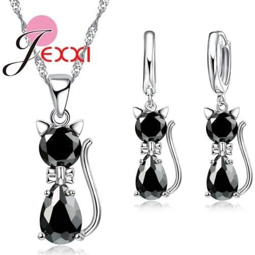 Women Jewelry Sets Accessories Genuine 925 Sterling Silver Cubic Zircon Cat Necklace Pendant+Leverback Earrings Hot