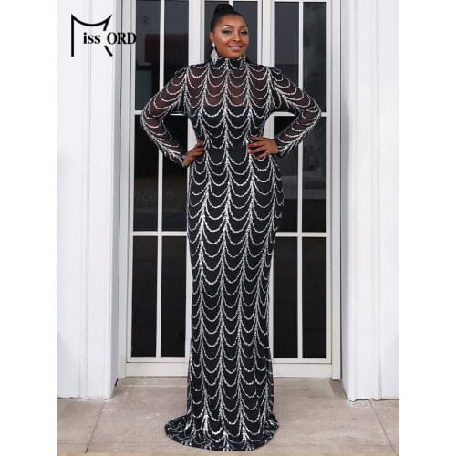 Missord 2021 Plus Size Dresses Summer Maxi Sequin Wedding Party Bodycon Prom Elegant High Neck Long Women Big 4XL Dress Black