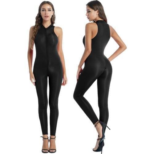 Women Sleeveless Leotard Bodysuit Solid Color Catsuit One-piece Leggings Zipper Crotch Jumpsuit Erotic Sexy Lingerie Club Wear