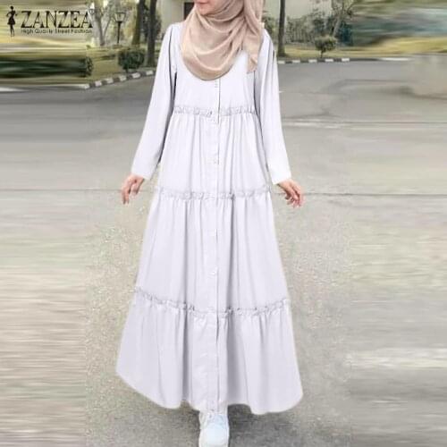 Ruffle Dress Women 2021 Female Maxi Vestidos ZANZEA Autumn Long Sleeve Sundress Casual Solid Stiching Robe Femme Oversized