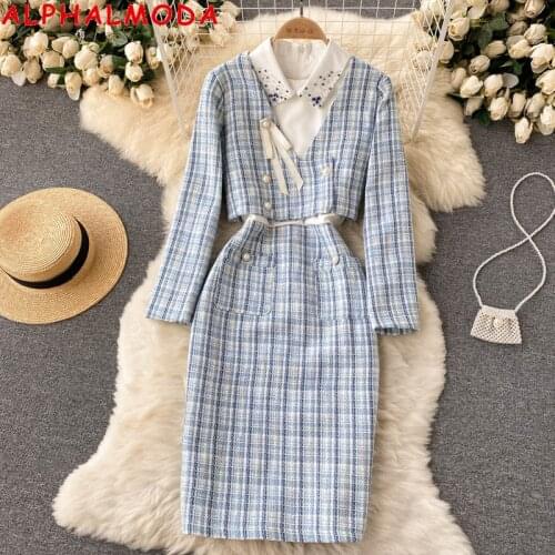 ALPHALMODA Celebrity Style Elegant Suit Womens Autumn Dress Beade Collar Shirt Dress Plaids Coat Ladies Plaids Set
