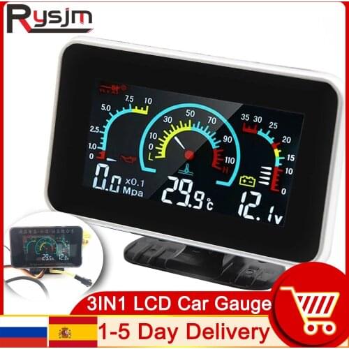3 In 1 LCD Car Digital oil pressure gauge Voltmeter Water Temp meter 1/8 NPT Oil Pressure sensor + Water Temperature sensor 10mm
