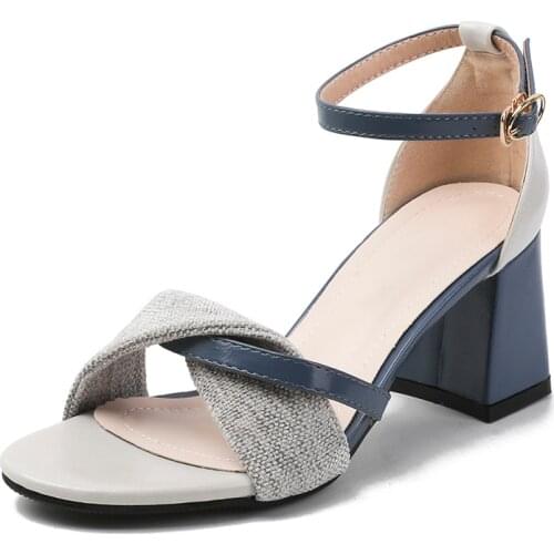 Fabric Art Weave Bow Thick Teel Square Root High Heel Ankle Strap Blue 34-40 Shoe Size Womens Sandals