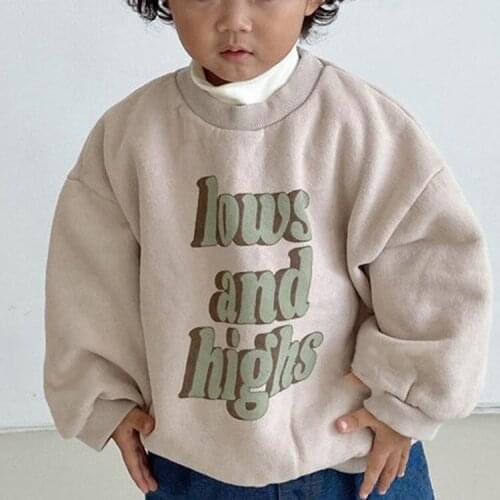 Childrens Winter Sweatshirt Korean Style Baby Boys and Girls Fashionable Loose Letter O-neck Fleece Comfortable Pullover Tees