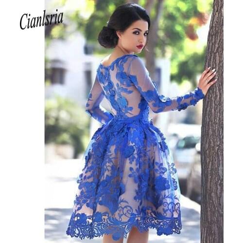Royal Blue 2020 Elegant Cocktail Dresses A-line Long Sleeves Appliques Lace Party Plus Size Homecoming Dresses