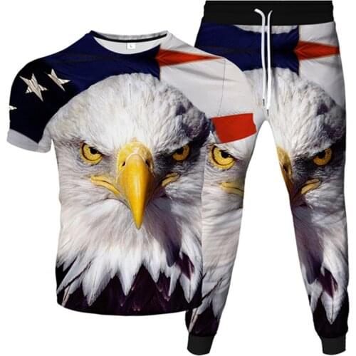Mens Fashion T-Shirt+Jogger Pants 2pcs Sets Clothes Cartoon USA Flag Animal Eagle Print Women Tracksuit Sportwear Male Plus Size