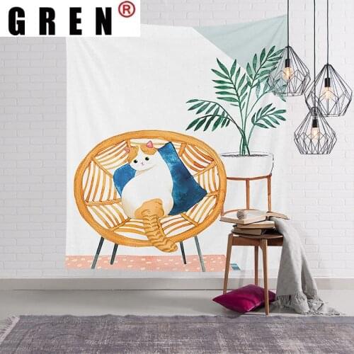 GREN Tapestry Cat And Plants Wall Hanging Background Cloth Carpet Beach Towel Blanket Yoga Mats Art Bedroom Dorm Home Decor