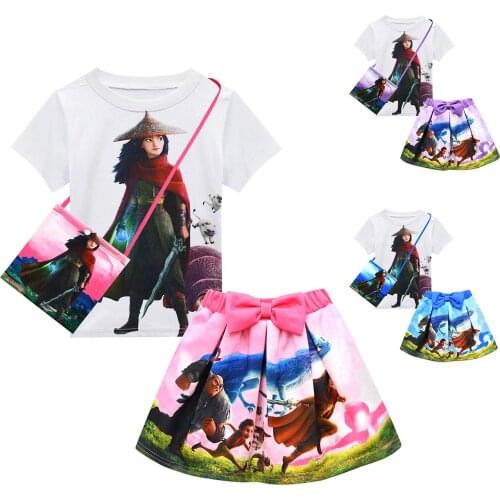 Raya and The Last Dragon Girls Clothes Sets Summer Short Sleeve Top+Skirt+Bag 3piece Kids Childrens Clothing Suit girls outfits