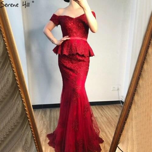 Wine Red Mermaid Crystal Sexy Evening Dresses 2020 Sleeveless Fake Two Pieces Long Evening Gowns Serene Hill LA70315