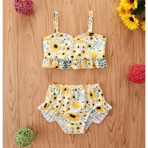 1-6Years Infant Kids Baby Girl Bathing Suits Sunflower/Cartoon Print Two-piece Swimsuits Baby Girls Straps Ruffle Tops+Bottoms
