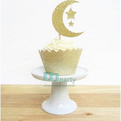 Moon and Star Glitter Cupcake Toppers | Fantasy Party | Celestial Party Decor | Magic Moon and Star Food Picks