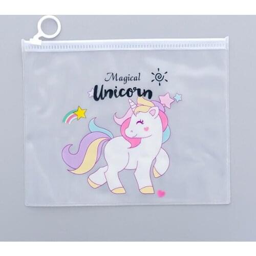 Cute Unicorn Ring Zipper Pencil Bag School Student Translucent Stationery Storage Bag Document Bag Pen Stationery PVC Bill Bag