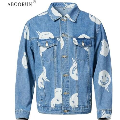 ABOORUN Mens Fashion Smiley Face Printed Denim Jacket Hip Hop Streetwear Oversize Jean Coat for Male