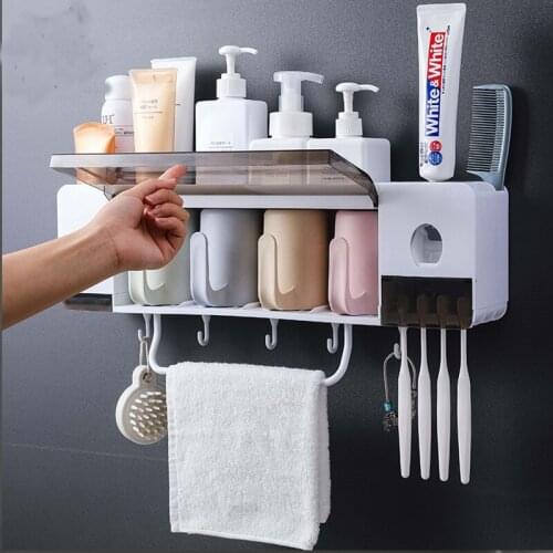 Wall Mount Toothbrush Holder with Cups Toothpaste Squeezer Dispenser Storage Rack Box For Home Bathroom Accessories Set