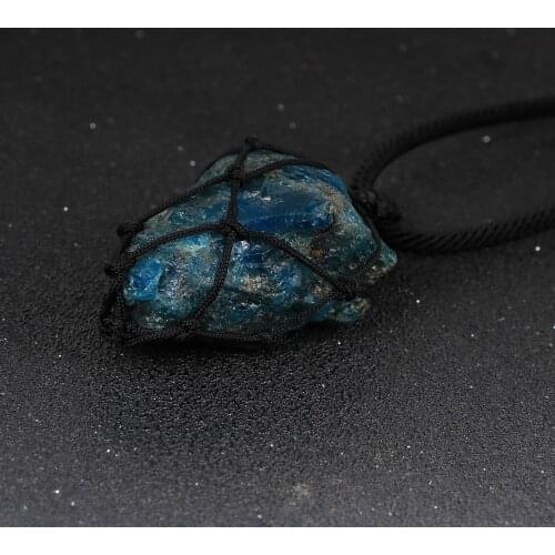 Irregular Natural Stone Genuine Blue Apatite Phosphorite Pendant Necklace Handmade Wrap Braid Necklace Women Men Energy Jewelry