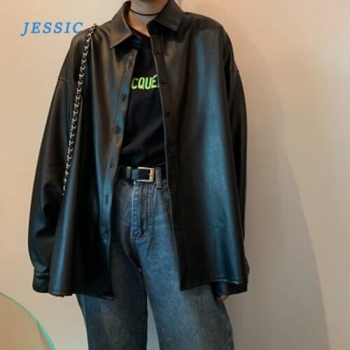 JESSIC New Women Oversized PU Leather Blouses 2021 Spring Black Faux Leather Basic Coat Turn-down Collar Motor Biker Jacket