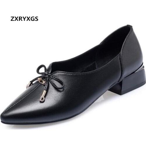 2020 New Top Cowhide Pointed Leather Shoes Women Low Heel Shoes Comfort Elegant Fashion Shoes Spring Work Women Shoes Plus Size