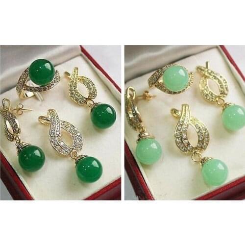 New Jewelry Jewelry AAA 12mm Green jade Pendant Necklace Earrings Ring set