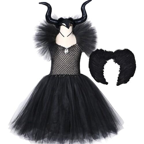 Black Maleficent Tutu Dress With Horns Wing Evil Queen Girls Fancy Party Dresses Gown Kids Halloween Cosplay Witch Costume Dress