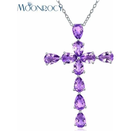 MOONROCY Silver Color CZ Purple Crystal Pendant Necklace Chokers Cross for Women Drop Shipping Womens Jewelry Wholesale Gift