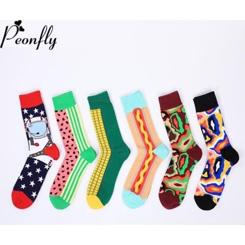 Peonfly Pair 1 Men Combed Cotton Cartoon Astronaut Corn Watermelon Geometric Novelty Funny Socks Harajuku Calcetines