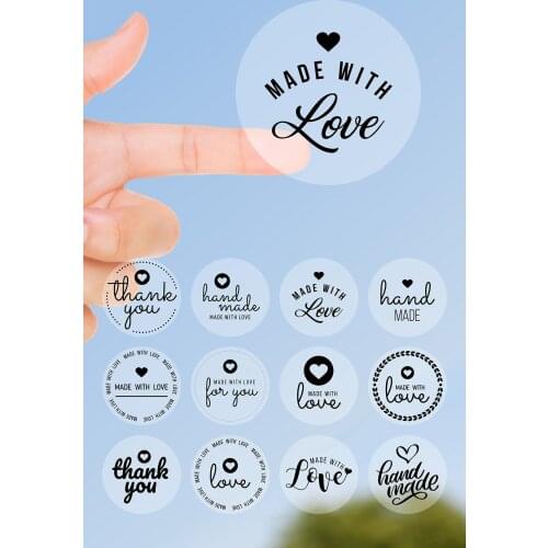 Transparent Sticker, 192 Pcs, 12 different Design Hand Made - Made With Love - Thank You - For You - Love