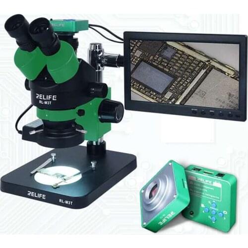 RELIFE RL-M3T-B1 Trinocular Stereo Microscope 7X-45X Zoom Matched With HDMI Camera LED Light for Mobile Repair Microscope