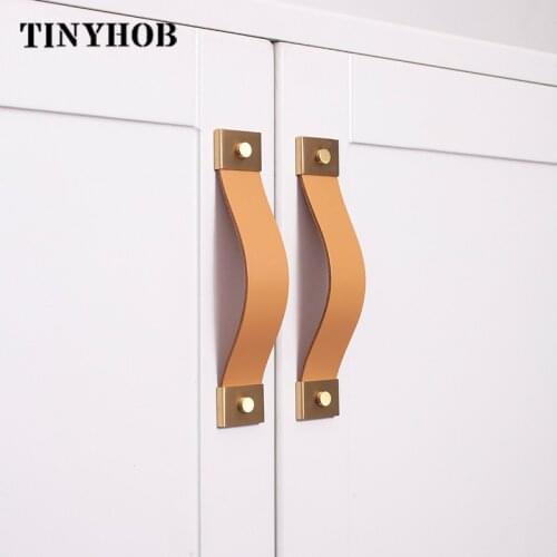 Cowhide +Brass Small Wardrobe Drawer Door Pull Genuine Leather Handle Kitchen Cabinet Handles Furniture Knobs