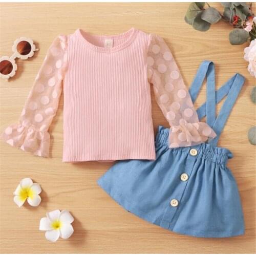 1-5 Years Baby Girl Clothes Flared Sleeve Ruffle T-shirt Suspender Skirt Lace Stitching Sweet Style Kids Spring Autumn Clothing