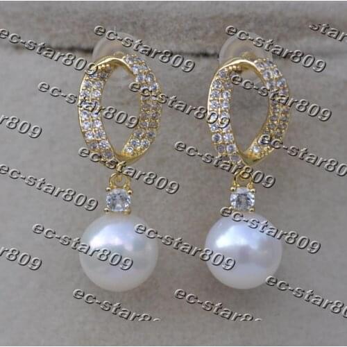 Z11442 8mm White Round Freshwater Pearl Torsion circle Gold-plating Dangle Earring CZ