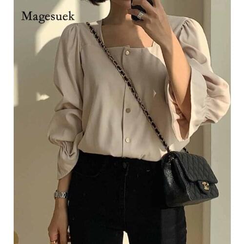 All Match Square Collar Casual Office Lady Loose Shirts Delicate Slender Flare Sleeves Autumn Chic Solid Elegant Blouses 10944
