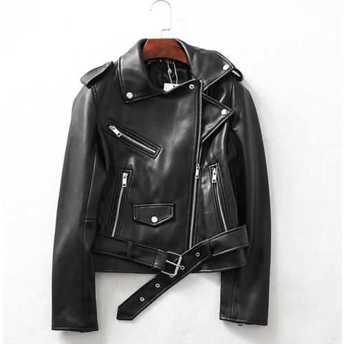 Faux Leather Jacket Short Zipper Female Autumn Jackets Ladies Black Basic Rivet Biker Coats Women with Belt Slim PU Outwear Full
