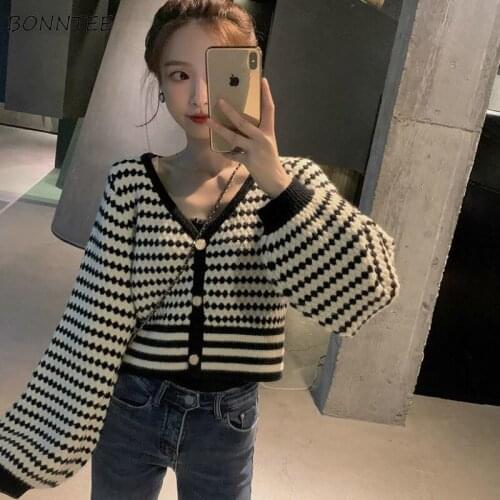 Cardigan Women Short V-neck Striped Knitting Single Breasted Fashion All-match Loose Elegant Korean Style Daily Sexy Streetwear