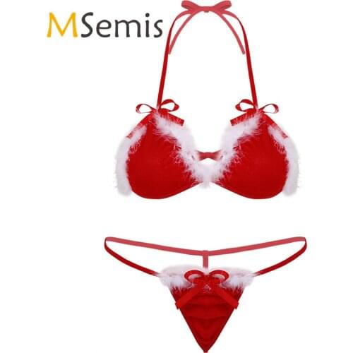 Womens Sexy Lingerie Set Santa Christmas Cosplay Costume Halter Neck Bikini Bra Top with G-string Thong Briefs Underwear and Hat