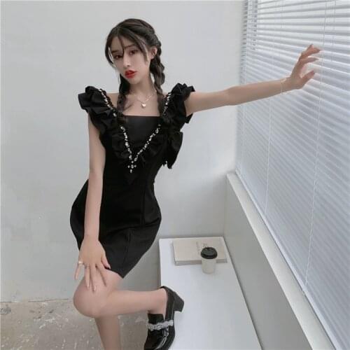 Square Neck Short Dress With Diamonds Women 2021 Summer New Design Sense Of Sexuality Package Hip Temperament Dress