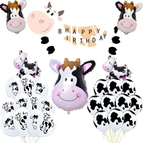 1set Cow Happy Birthday Decoration Banner Black White Animal Zoo Pet Farm Party Layout Cow Pattern Kids Toys Foil Latex Balloons