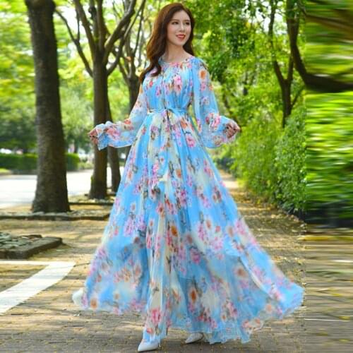 2021 Spring Womens Chiffon Floral Print Party Maxi Dress Hawaii bangkok Dress garments Plus Size Beach Wedding bridesmaid Dress
