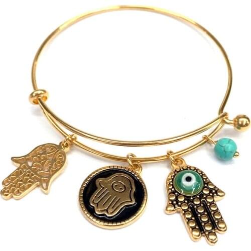 5pcs Stainless Steel Hamsa Hand Charms Green Evil Eyes & Howlite Charms Bracelets Fashion Adjustable Women Bangles 25