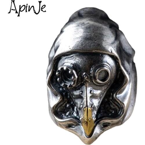 Apinje Thai Silver 925 Sterling Silver Skull Ring for Men Bird Ring Punk Hip Hop Jewelry Open Ring