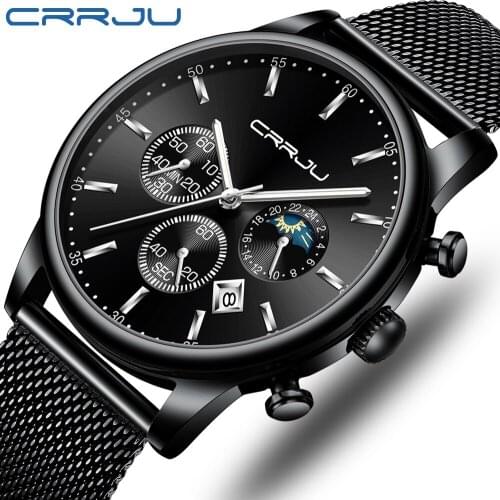 CRRJU Mens Business Dress Watches Luxury Casual Waterproof Sports Watch Men 3-Sub Dial Quartz Slim Mesh Watch Relogio Masculino